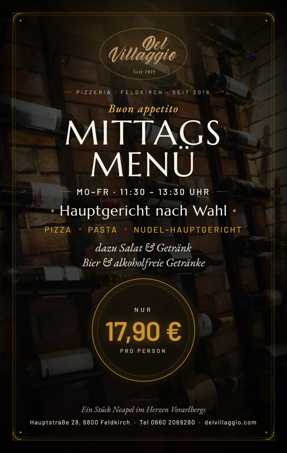 Mittagsmenü Plakat Pizza Del Villaggio Feldkirch – 17,90 € pro Person, Mo–Fr 11:30–13:30 Uhr